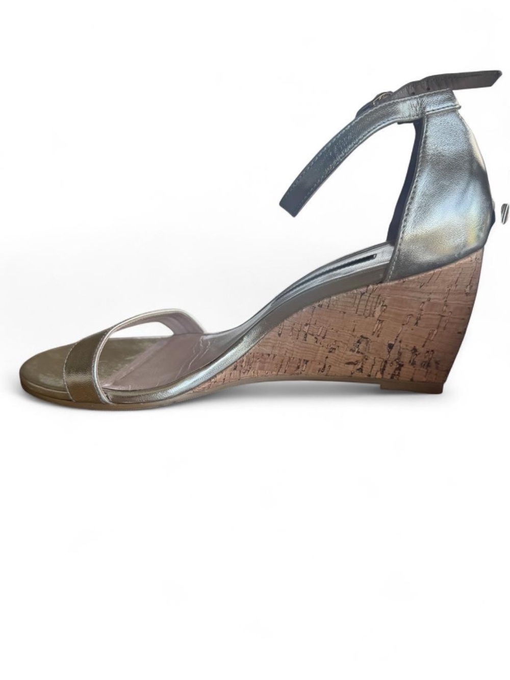 Stuart Weitzman Metallic Platino Gold Dancer 75 Cork Wedge Sandals 3” Size 7